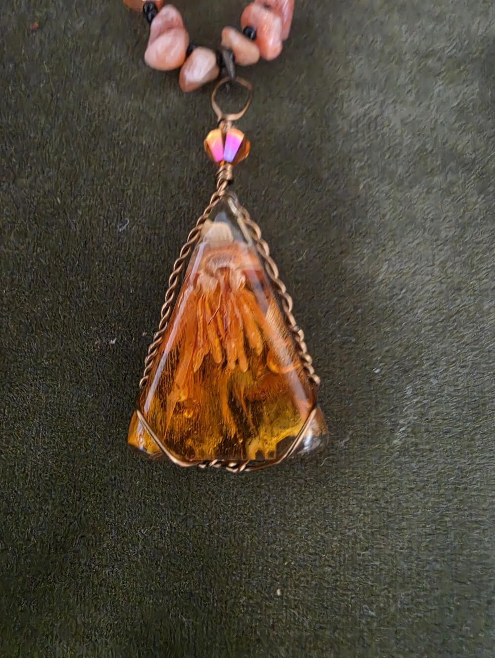 Boho Beaded Necklace with Wire-Wrapped Amber Glass Pendant
